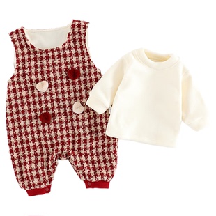 女童冬装套装洋气宝宝背带裤分体两件套红色新年装婴儿秋冬连身装