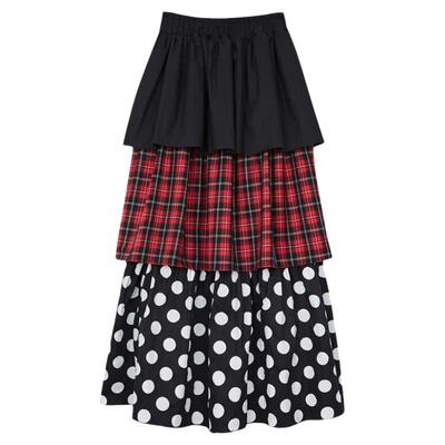 格子波点显瘦高腰蛋糕长裙