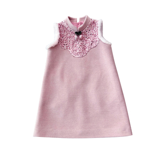 小童木 新中式年服女童连衣裙冬季新款亮片刺绣中大童毛呢背心裙