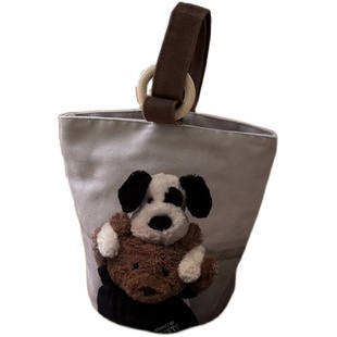 新款木环帆布手提包小众设计手提袋日系饭盒包学生手拎水桶便当包