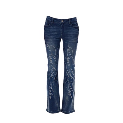 美式复古烫钻设计微喇牛仔裤女