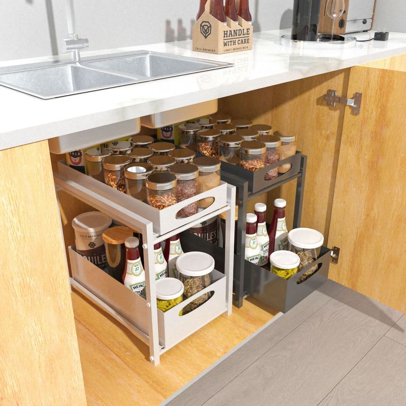 抽拉式下水槽置物架 厨房水池下拉篮橱柜内分多层收纳架 下水槽置