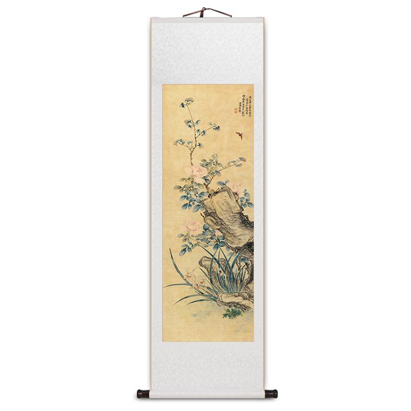 蒋溥兰石图卷轴挂画新中式梨花竹子花鸟国画客厅书房茶室玄关壁画