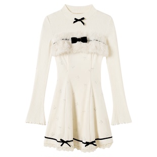 织物猪 北海道初雪 千金风针织毛绒白色连衣裙女冬季收腰长袖裙子