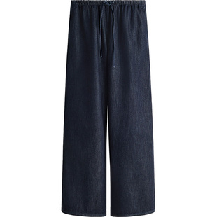 出口日本外贸女秋夏棉莱赛尔混纺高腰宽松隐藏松紧抽绳直筒牛仔裤