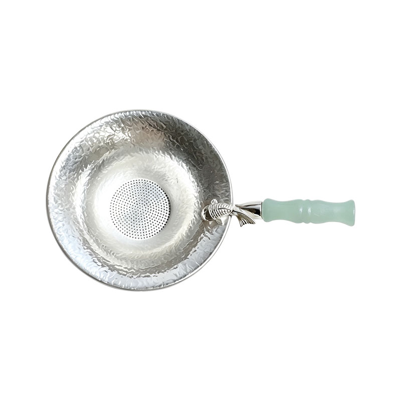 银盟足银仿水晶银制品 玉柄锦鲤茶漏手工足银茶漏滤水纯银999