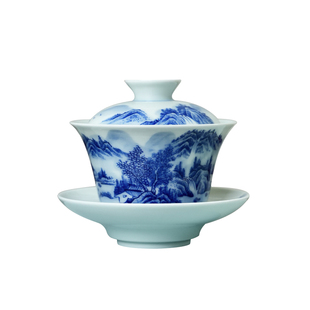 见山烧青花山水盖碗山水直筒杯三才茶碗带盖主人杯陶瓷纯手工茶具