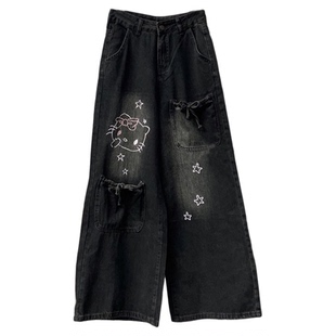 卡通HelloKitty高腰阔腿牛仔裤女春秋季设计感ins复古宽松阔脚裤