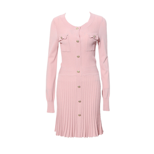 DPLAY春季新款法式粉色针织连衣裙女短款气质长袖裙子短裙