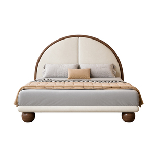 高端大气胡桃木实木床奶油风绒布软包圆满床中古风主卧1米8双人床