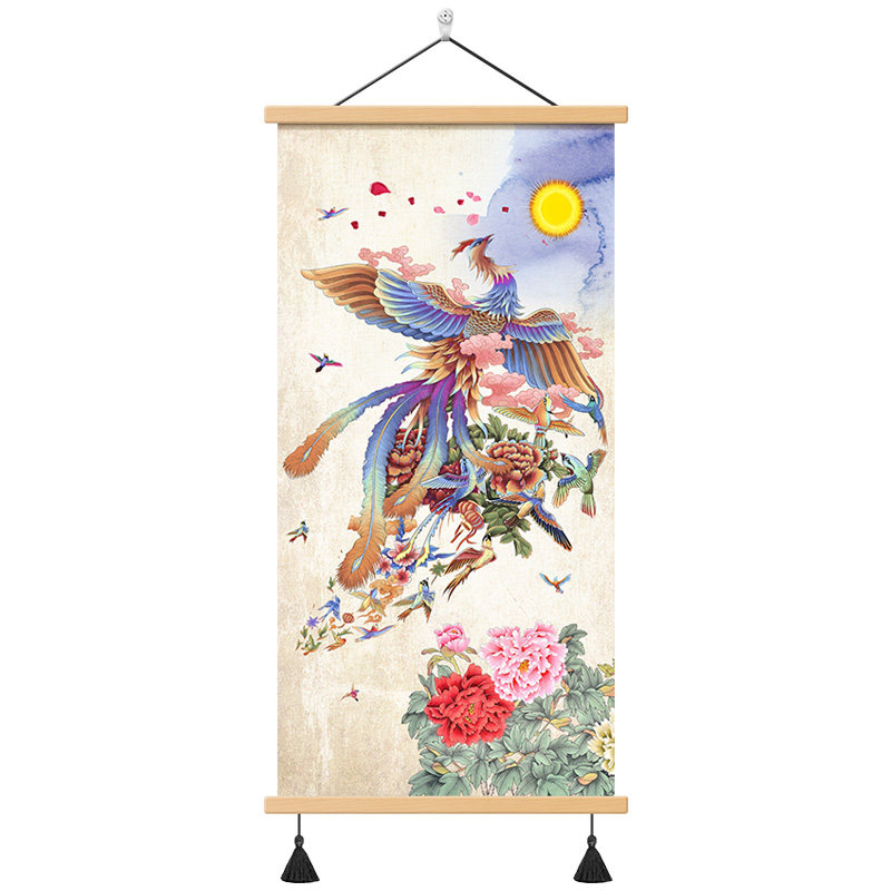 中式百鸟朝凤玄关挂画