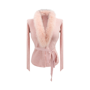 THE SWAN司凰轻奢 娇滴滴 羊绒羊毛狐狸毛针织开衫女绑带收腰上衣