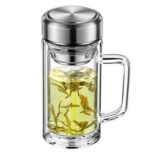 大容量双层玻璃办公杯男带把带手柄喝水杯茶水分离泡茶杯带盖杯子