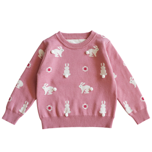 女童粉红色套头毛衣儿童秋冬装宝宝针织线衫中小童小兔子上衣中领