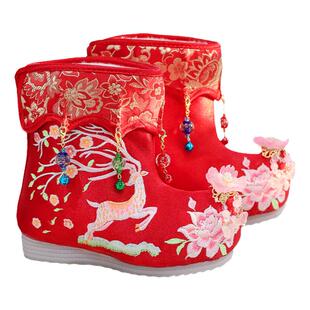 冬季女童鞋子夜光汉服鞋绣花鞋儿童中国民族风加绒唐装古风棉靴子