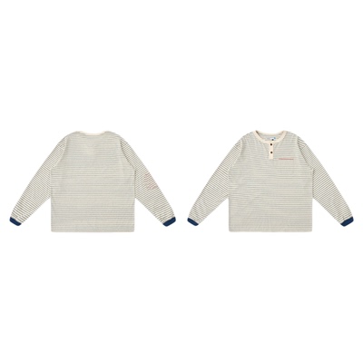 TreesBasic海军浅蓝做旧可再生木棉条纹亨利领长袖T恤休闲男新款