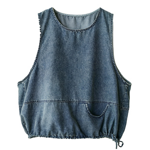 小耳出品 萬能叠穿~篙支棉混纺/磨白水洗/抽绳下摆 宽松牛仔马甲