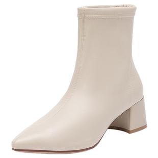 大东白色短靴女款2025新款冬季法式尖头靴子粗跟切尔西女靴瘦瘦靴