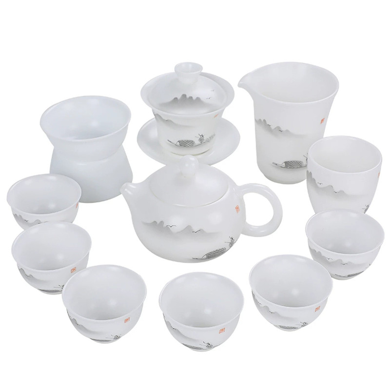 手工冰种玉瓷功夫茶具套装