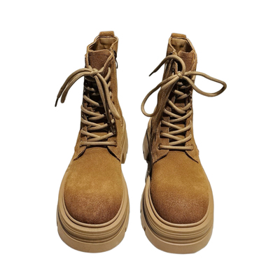 韩国单~粗高跟真皮系带马丁靴女