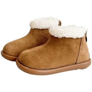 韩版羊羔毛儿童加绒短靴冬季男女童保暖毛毛靴磨砂真皮宝宝二棉靴