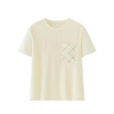 艾莱依t恤女2024新款夏季罗纹针织圆领刺绣凉感上衣打底衫upf40+