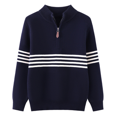 男童毛衣新款条纹拉链半高立领