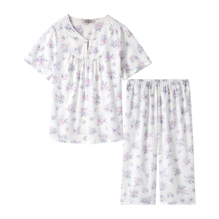 美标新款短袖纯棉睡衣套装女夏薄款甜美公主风梭织贡缎全棉家居服