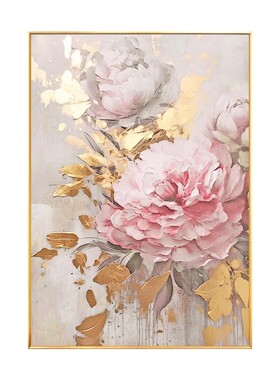 纯手绘油画富贵牡丹玄关装饰挂画现代轻奢客餐厅走廊过道花卉壁画