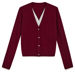 YINER音儿专选2026春季新款美丽诺羊毛混纺撞色V领假两件针织衫