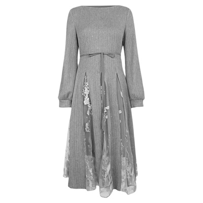 sdeer收腰网纱不规则针织连衣裙