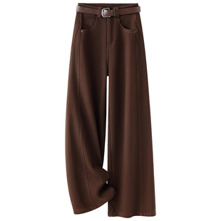 咖色加绒牛仔阔腿裤女秋冬季2025新款高腰显瘦加厚窄版弯刀阔腿裤