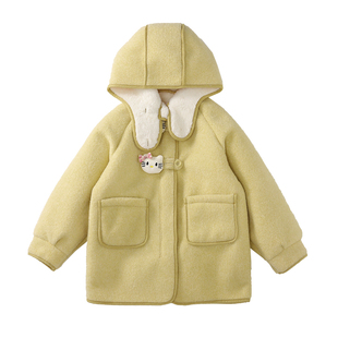 女童一体绒呢子高端大衣中大童连帽中长款加绒新年毛呢双面绒外套