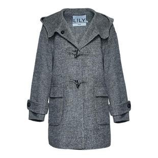 LILY2025冬新款女装羊毛桑蚕丝羊驼毛连帽毛领双面呢大衣毛呢外套