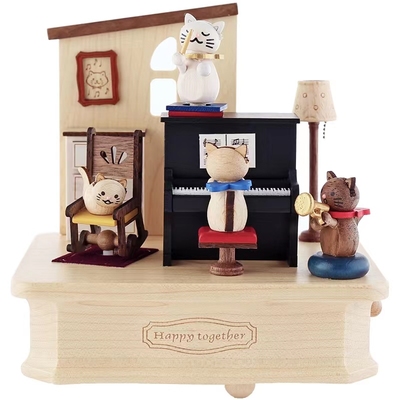 台湾jeancard实木音乐盒猫咪钢琴