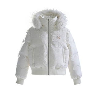 SYMOCOLOR 冬季短款泡泡纱毛领连帽羽绒服收腰显瘦高级感羽绒外套