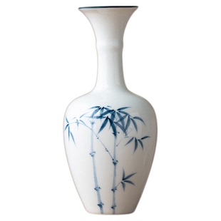 画续白瓷手绘竹子小花瓶水培花器釉下彩小花插客厅茶室摆件陶瓷