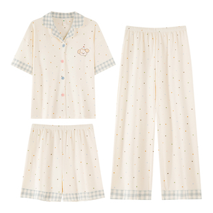 芬腾可安睡衣女款2026新款夏季纯棉带胸垫短袖三件套馨家居服夏天