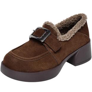 2025新款秋冬季女鞋厚底加绒毛毛鞋粗跟深口单鞋乐福鞋磨砂小皮鞋