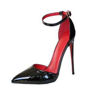 红底中空一字带超高跟凉鞋红色内里尖头浅口亮皮法式名媛大码13CM