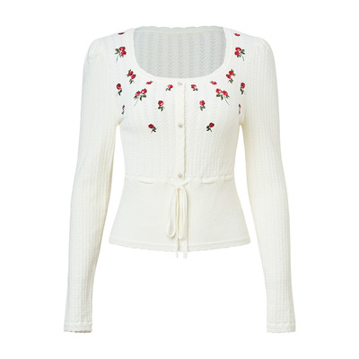 【商场同款-节庆穿搭新年红】MAXRIENY玫瑰绣花方领修身针织衫女