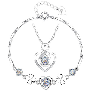 999纯银爱心银项链手链首饰套装两件套女士女莫桑钻吊坠女款女生