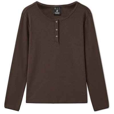 斯凯奇2025秋冬新款薄款亨利领长袖t恤女V领修身显瘦内搭打底衫