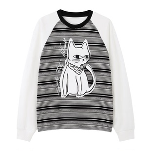 【非正式学院】a02复古潮流T恤女2025秋宽松条纹撞色印花长袖T恤