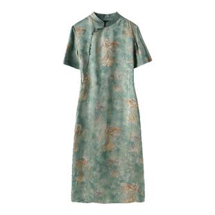 TENAX中年妈妈宽松大码2025春秋新款新中式国风桑蚕丝长袖连衣裙