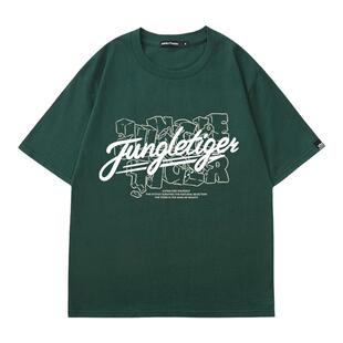 丛林老虎2026夏季字母纯棉t恤男街头涂鸦小众嘻哈宽松橄榄绿短袖