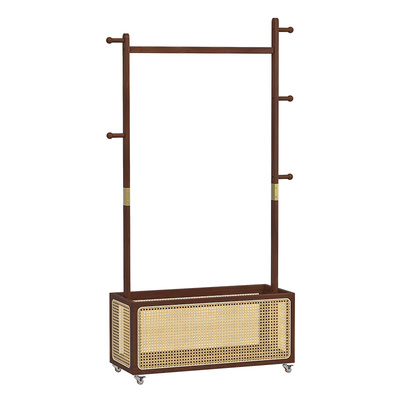 梅氏实木藤编可移动衣帽架
