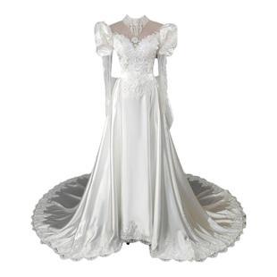 新款80年代古董缎面婚纱影楼拍摄复古长袖轻奢公主港风写真礼服