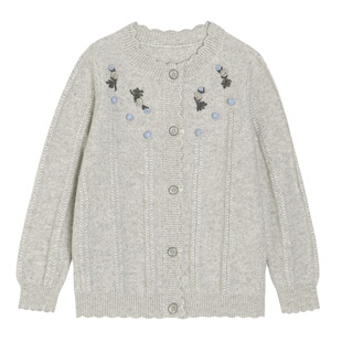 康赛妮100%儿童山羊绒衫女童圆领毛衣宝宝针织开衫纯手工绣花外套