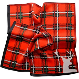 红色格子真丝丝巾薄款桑蚕丝小方巾圣诞麋鹿装饰领巾丝绸围巾礼物